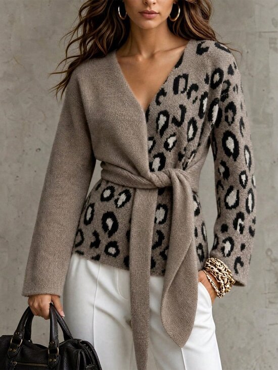 Sweaters - Casual Women's Leopard Print Knit V-Neck Tie Waist Long Sleeve Sweater